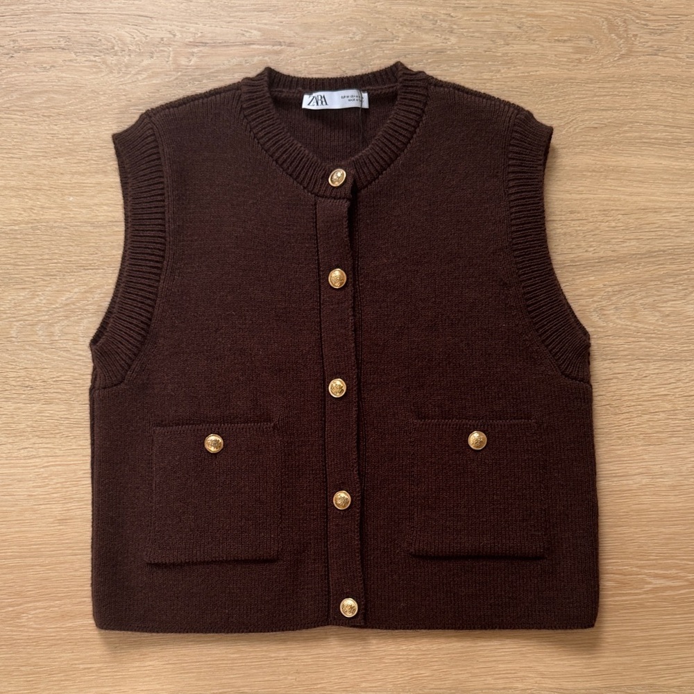 Zara Dark Brown Knit Button-Up Vest with Gold Buttons